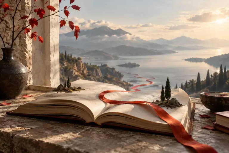 Концептуальный натюрморт с раскрытой старинной книгой с чистыми геометрическими листами и хрустальной призмой